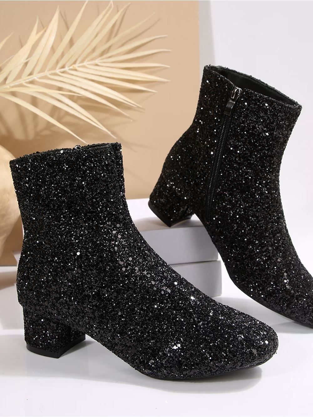 George Black Glitter Block Heel Ankle Boots